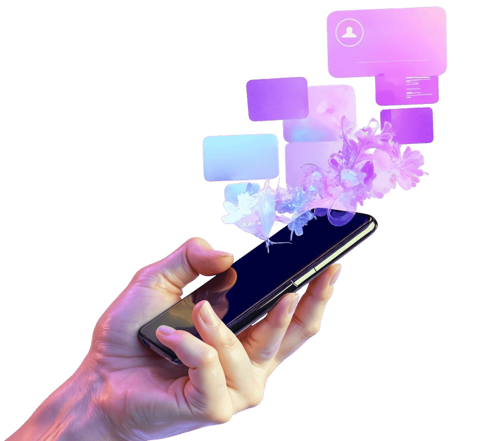 Ilustración conceptual de tecnología móvil con interfaces digitales de software y productividad en tonos morados para Invicrea.